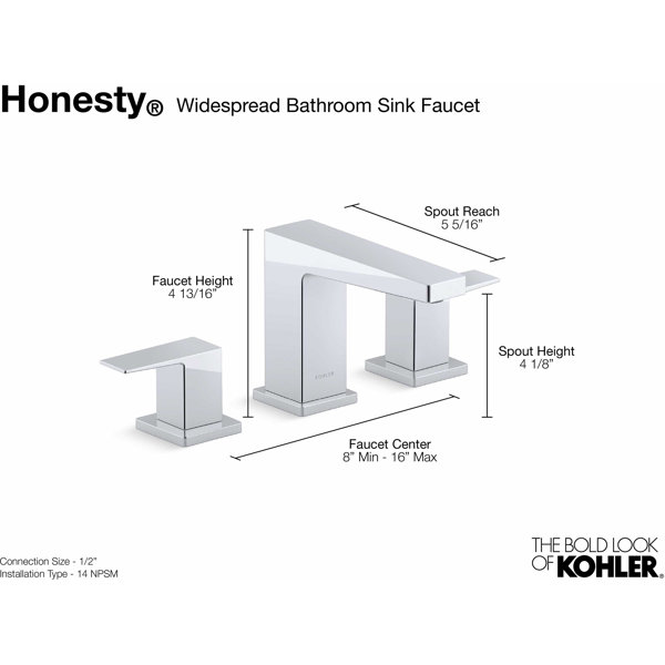 Kohler Honesty Widespread Bathroom Faucet with PopUp Drain Assembly, 3